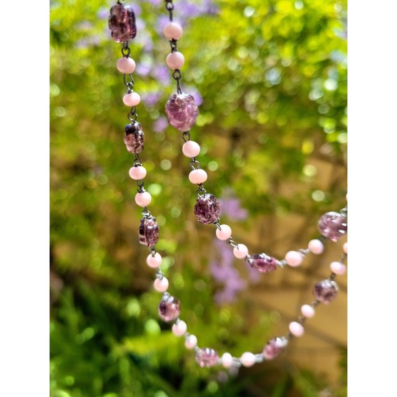 Antique Art Deco Amethyst Color Molded Flower Glass Beads Flapper Necklace 54" - Picture 2 of 8